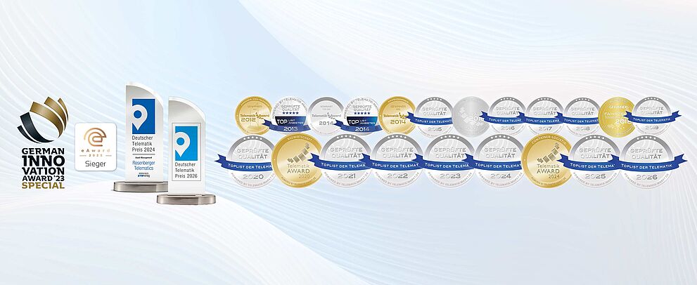 Award logos: Telematik Award, German Innovation Award, Deutscher Telematik Preis, TOPLIST der Telematik